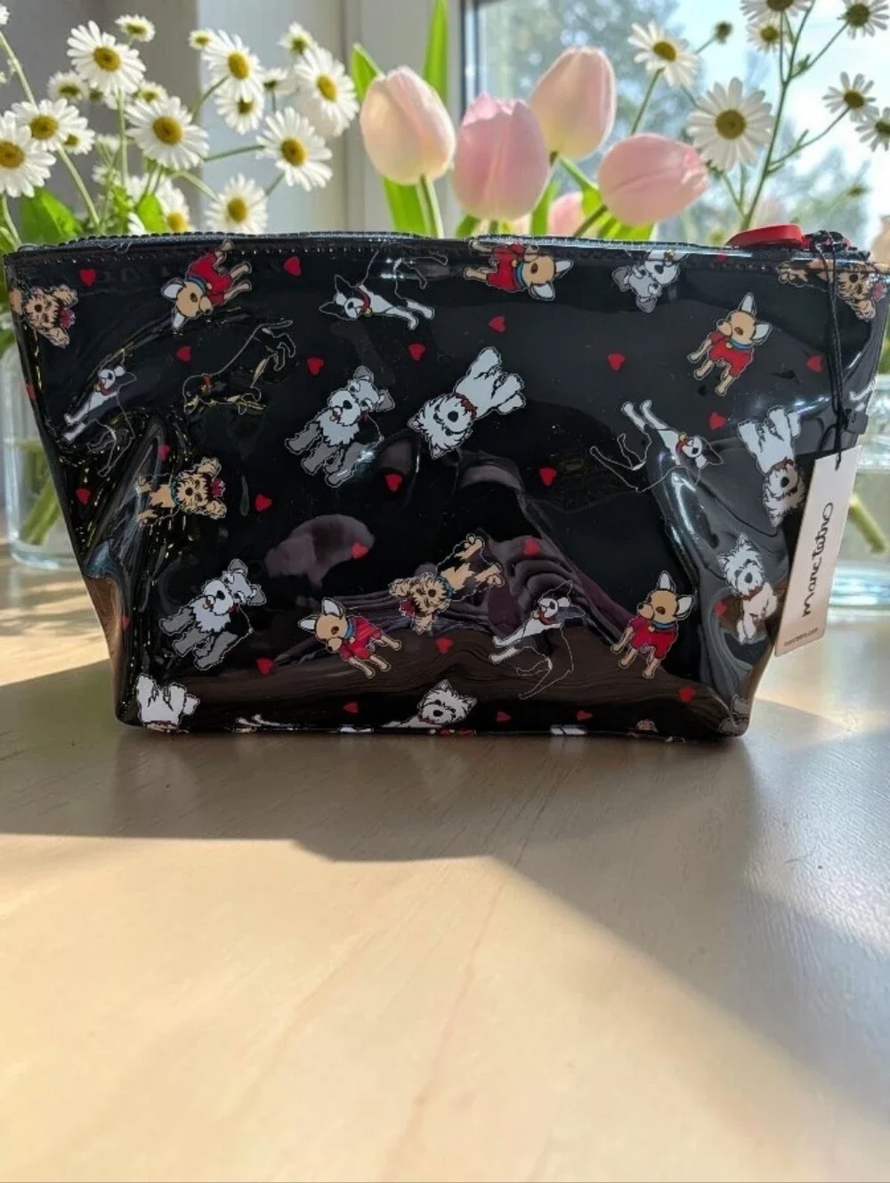 NWT Marc Tetro Black Patent Vinyl Cosmetic Pouch with Dog Print